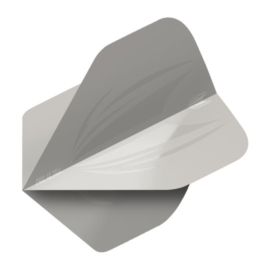 TG416_Target_ProUltra_ID_Grey_No2_Standard_Flights_2 Das Bild zeigt ein graues Dartflight mit abgerundeten Ecken und einem schlichten Design. Auf dem Produkt steht "Pro Ultra" in kleiner Schrift.