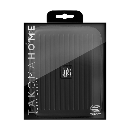 125860_Target_Takoma_Home_Dartwallet_Schwarz_3 Das Bild zeigt das Produkt "Target Takoma Home Dartwallet" in seiner Verpackung. Das Dartwallet ist schwarz und hat ein geriffeltes Design mit dem Target-Logo auf der Vorderseite.