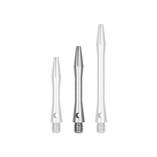 517_Aluminium_Shafts_Silber_35mm_131026s0NCubzI Auf dem Bild sind drei Aluminium Shafts in Silber zu sehen, die unterschiedlich lang sind. Sie haben ein glattes, glänzendes Finish und sind unten mit einem Gewinde versehen.