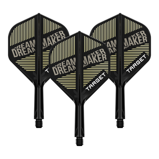 Système d'arbre de vol standard Target K-Flex Dimitri Van Den Bergh No2 Auf dem Bild sind drei schwarze Dartflights mit integriertem Schaft zu sehen. Auf den Flights steht „DREAM MAKER“ und „TARGET“ in weißen Buchstaben.