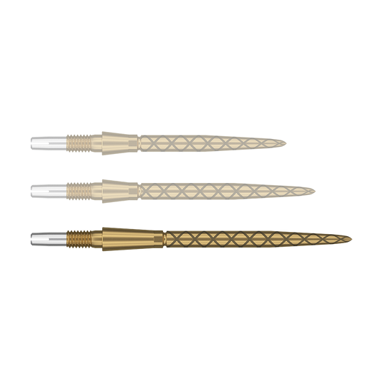 Pointes de fléchettes Target Swiss Storm Diamond Point - Or Das Bild zeigt drei goldfarbene Dartspitzen mit einem rautenförmigen Muster. Die Enden der Spitzen sind silbern und haben ein Gewinde zum Befestigen.