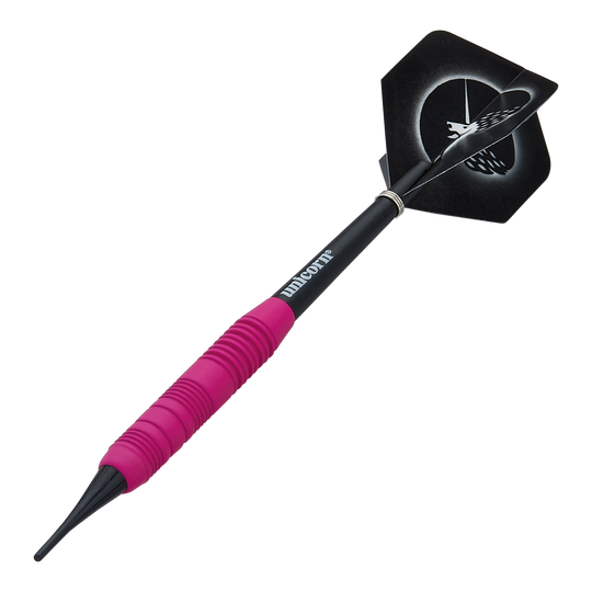 Fléchettes souples Unicorn Core Plus en caoutchouc rose - 19 g Das Bild zeigt einen pinken, gummierten Softdart namens "Unicorn Core Plus" mit einem Gewicht von 19g. Der Dartpfeil hat einen schwarzen Schaft und Flights mit einem Einhorn-Design.