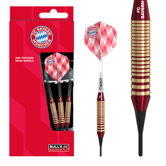 Fléchettes souples en laiton Bulls FC Bayern Munich - 18 g Das Bild zeigt die Bulls FC Bayern München Brass Softdarts mit einem Gewicht von 18g. Das Produkt ist speziell für Fans des FC Bayern München entworfen.