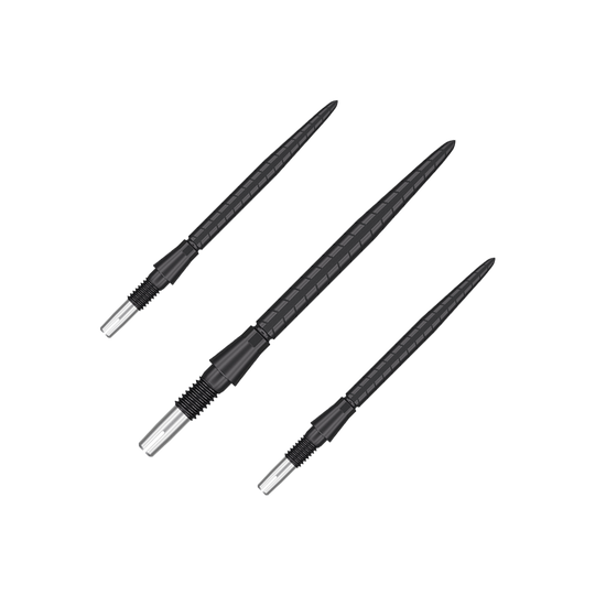 Das Bild zeigt drei schwarze Dartspitzen mit silbernem Schraubgewinde. Sie sind nebeneinander auf einem transparenten Hintergrund angeordnet.