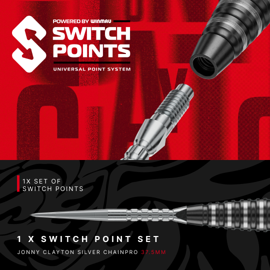 Fléchettes en acier Red Dragon Jonny Clayton RD-PRO Switch Point Das Bild präsentiert Red Dragon Jonny Clayton RD-PRO Switch Point Steeldarts. Die Dartpfeile sind geordnet auf einer hellen Fläche zu sehen.