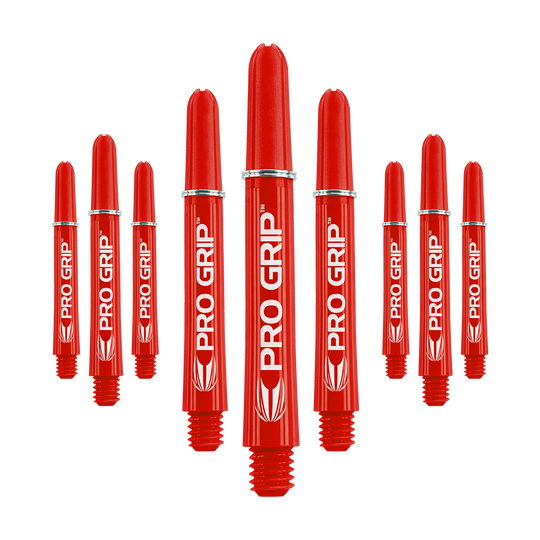 Tiges Target Pro Grip - 3 jeux - Rouge Das Bild zeigt mehrere rote Dartschäfte mit der Aufschrift "PRO GRIP". Die Schäfte sind in einer symmetrischen Anordnung dargestellt und heben sich deutlich vom Hintergrund ab.
