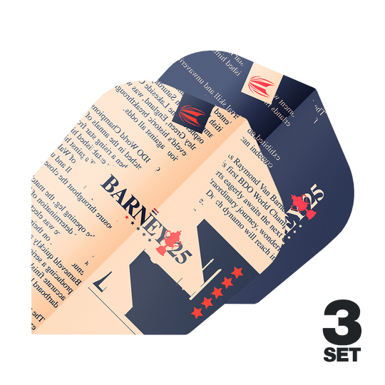 Target ProUltra Raymond Van Barneveld Barney25 No6 Vols Das Bild zeigt die "Target ProUltra Raymond Van Barneveld Barney25 No6 Flights" in einem auffälligen Design mit Text und Sternen. Rechts unten ist die Information "3 Set" zu sehen.