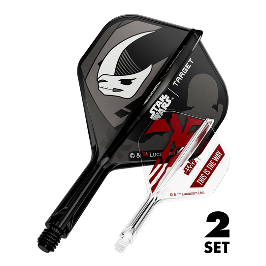 Zu sehen sind zwei Dart-Flights im Mandalorianer-Design aus Star Wars. Dies ist das Set 'K-Flex Mandalorian 2PackSet No2 Standard Flights' mit 19mm.