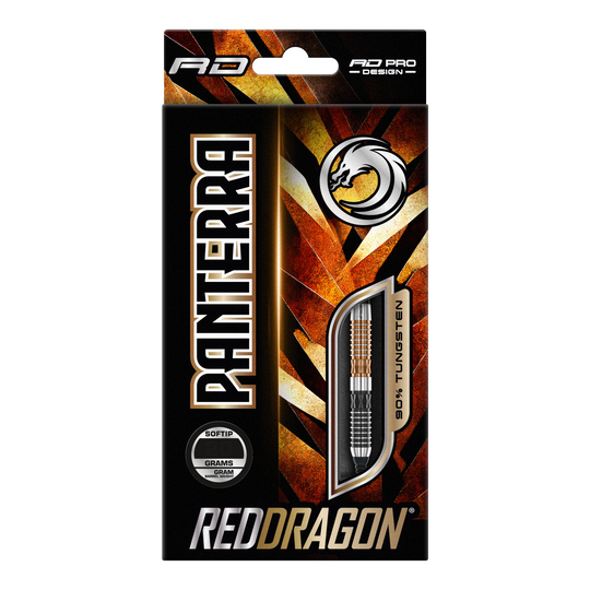 Fléchettes souples Red Dragon Panterra - 20 g Das Bild zeigt eine Verpackung der "Red Dragon Panterra Softdarts - 20g". Die Packung ist auffällig gestaltet und hebt den Schriftzug "Panterra" sowie das Red Dragon-Logo hervor.