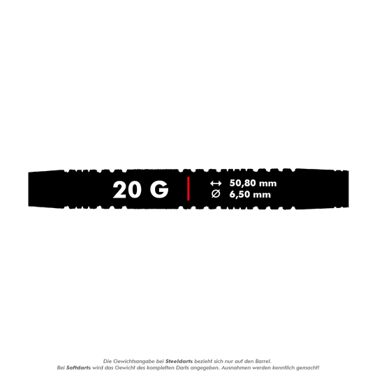 Das Bild zeigt die Maße und das Gewicht des "Red Dragon Peter Wright Double World Champion SE Black Softdarts - 20g". Der Dart wiegt 20 Gramm, ist 50,80 mm lang und hat einen Durchmesser von 6,50 mm.