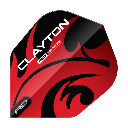 Dragon Rouge Jonny Clayton Rouge Noir N°6 Vols Das Bild zeigt ein Dartflight mit dem Namen "Red Dragon Jonny Clayton Red Black No6 Flights". Das Flight ist rot und schwarz gestaltet und trägt den Aufdruck "Clayton".