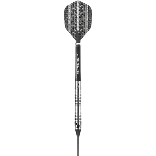 HA11810-Harrows-Supergrip-90-Softdarts-1OkdwLnO7Q5tvN Das Bild zeigt einen Harrows Supergrip 90% Softdart. Der Dart ist silberfarben mit schwarzen Akzenten und einer beschrifteten Flights.