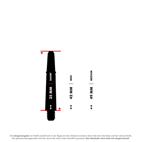 _Harrows_Carbon_360_Shafts_5_35mmNjiupv4IFnNKI Das Bild zeigt drei verschiedene Längen von Dartschäften: 35 mm (Short), 42 mm (Midi) und 49 mm (Medium). Die roten Linien markieren die Messpunkte für die Längenangabe, das Gewinde wird dabei nicht mit eingerechnet.