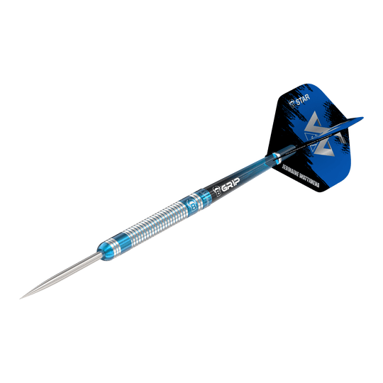 Fléchettes en acier Bulls Jermaine Wattimena Génération 3 Das Bild zeigt einen Steeldartpfeil mit silber-blauer Riffelung am Barrel. Auf dem Flight steht „Jermaine Wattimena“ und er ist mit dem Produktnamen „Bulls Jermaine Wattimena Generation 3 Steeldarts“ versehen.