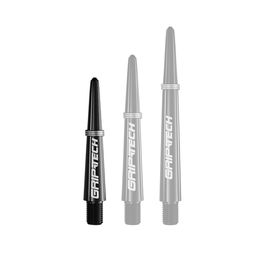 Tiges GOAT Griptech - Noires Das Bild zeigt drei schwarze Dartschäfte in unterschiedlichen Längen mit der Aufschrift "GRIPTECH". Sie sind senkrecht nebeneinander angeordnet und haben ein schlichtes, modernes Design.
