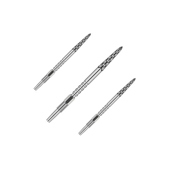 Target Swiss DS Surge Point Pointes de fléchettes - Argent Das Bild zeigt drei silberne Dartspitzen mit feinen Gravuren. Sie sind in einer diagonalen Linie angeordnet und haben ein modernes Design.