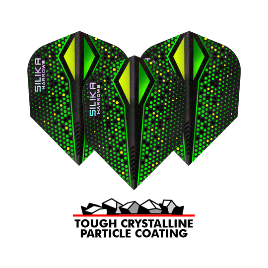 Harrows Silika Colorshift Revêtement cristallin résistant Green-X No6 Flights Das Bild zeigt drei grüne Harrows Silika Colourshift Tough Crystalline Coating No6 Flights für Darts. Unten befindet sich ein Logo mit der Aufschrift „Tough Crystalline Particle Coating“.