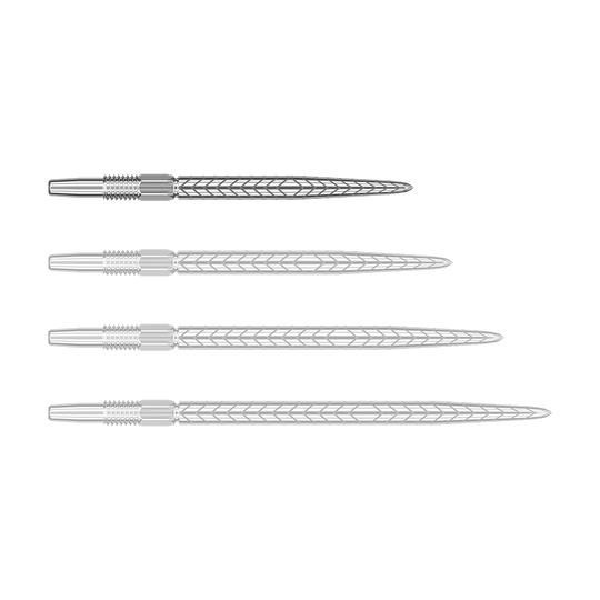 Das Bild zeigt vier silberne Dartspitzen mit einem Muster aus Linien. Sie sind nebeneinander angeordnet und unterscheiden sich nur in ihrer Position.