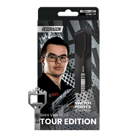 Fléchettes en acier Red Dragon Gian Van Veen Tour Edition Switch Point - 21 g Das Bild zeigt die Red Dragon Gian Van Veen Tour Edition Switch Point Steeldarts - 21g. Die Darts haben ein modernes und robustes Design.