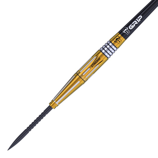 Fléchettes en acier Bulls Stingray ST4 Das Bild zeigt einen Bulls Stingray ST4 Steeldart. Der Dartpfeil hat einen goldfarbenen Schaft mit silbernen Akzenten und einer schwarzen Spitze.