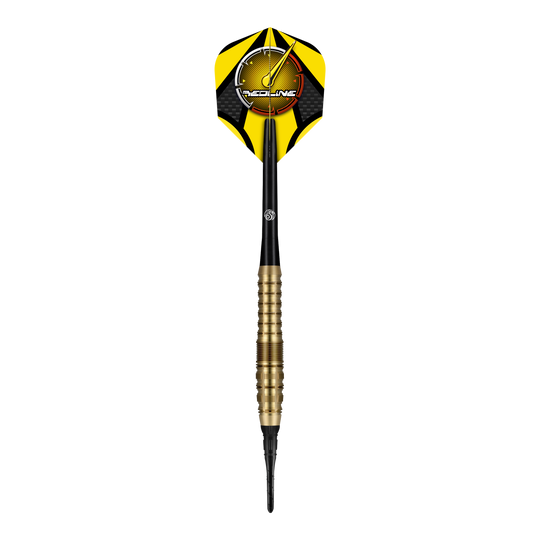 Fléchettes souples Shot Redline Gizmo - 20 g Der "Shot Redline Gizmo Softdart - 20g" ist ein Softdartpfeil mit gelben und schwarzen Flights. Der Dart hat einen goldfarbenen Griff und eine schwarze Spitze.