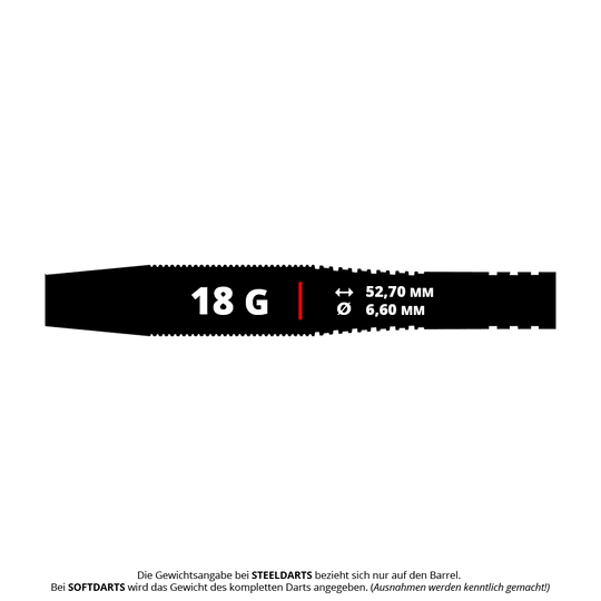 Das Bild zeigt die Produktdetails der Bulls Martin Schindler TW80 Softdarts mit einem Gewicht von 18 Gramm. Die Maße des Barrels sind 52,70 mm Länge und 6,60 mm Durchmesser.