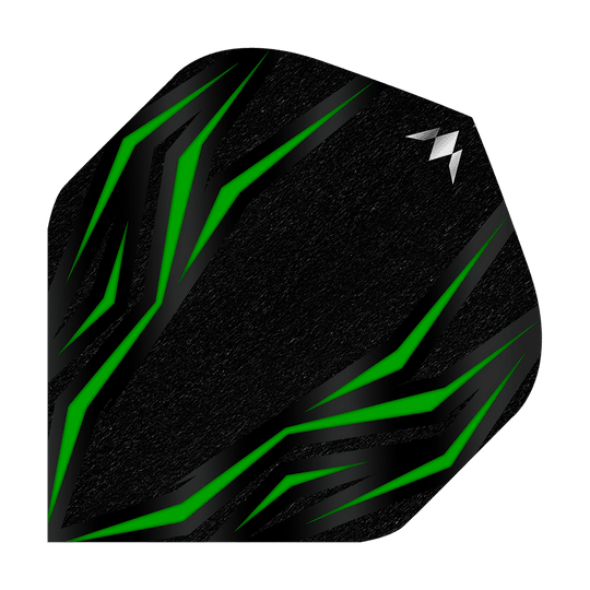 Vols standard Mission Lava Green n°2 Das Bild zeigt einen schwarzen Dartflight mit grünen, diagonalen Linien. In der oberen rechten Ecke befindet sich ein kleines, silbernes Logo.