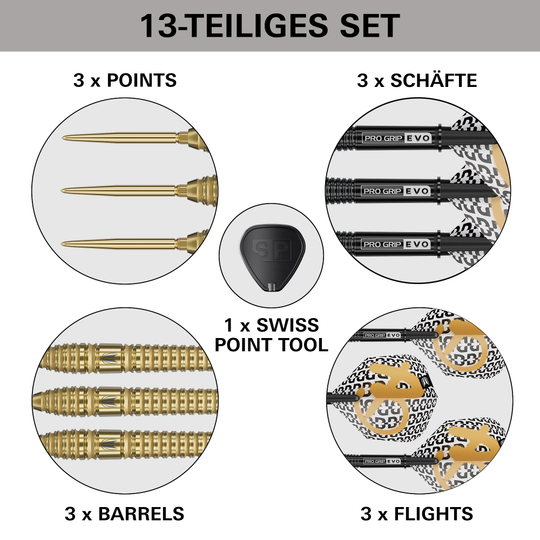 Fléchettes en acier Target Bolide Envy 03 Swiss Point Target Bolide Envy 03 Swiss Point Steeldarts, abgebildet auf dem Produktbild. Es handelt sich um Steeldarts mit Swiss Point System.