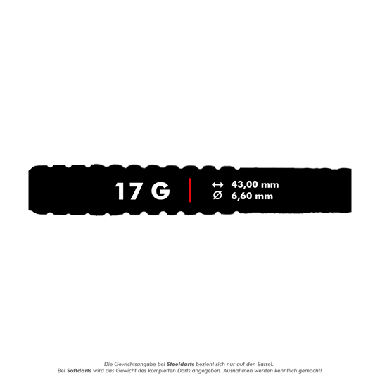 Fléchettes souples McDart 85 Tungstène V20 - 17 g Das Bild zeigt die Produktangaben für die McDart 85er Tungsten V20 Softdarts mit einem Gewicht von 17 Gramm. Die Darts sind 43,00 mm lang und haben einen Durchmesser von 6,60 mm.