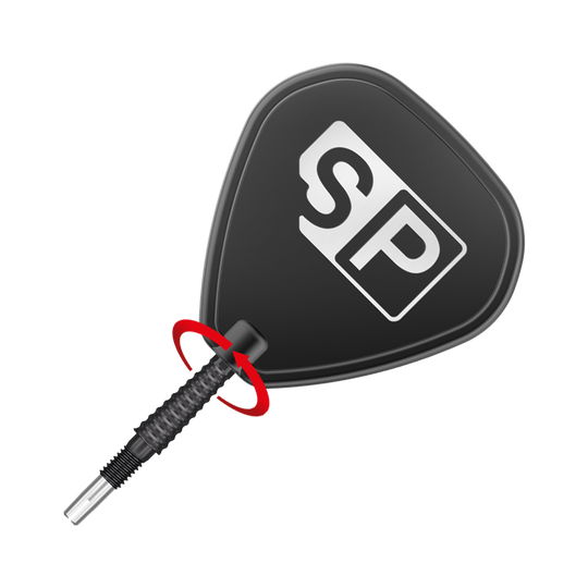 Pointes de fléchettes Target Swiss Storm LNC - Noires Das Bild zeigt eine schwarze Dartspitze mit dem weißen „SP“-Logo darauf. Die Spitze ist schräg platziert und durch einen roten Pfeil hervorgehoben.