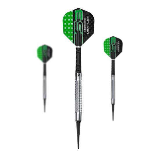 Fléchettes souples coniques Harrows Dimplex S3 Das Bild zeigt drei Softdarts mit silbernen Spitzen und grün-schwarzen Flights. Auf den Flights steht der Produktname "Harrows Dimplex S3".