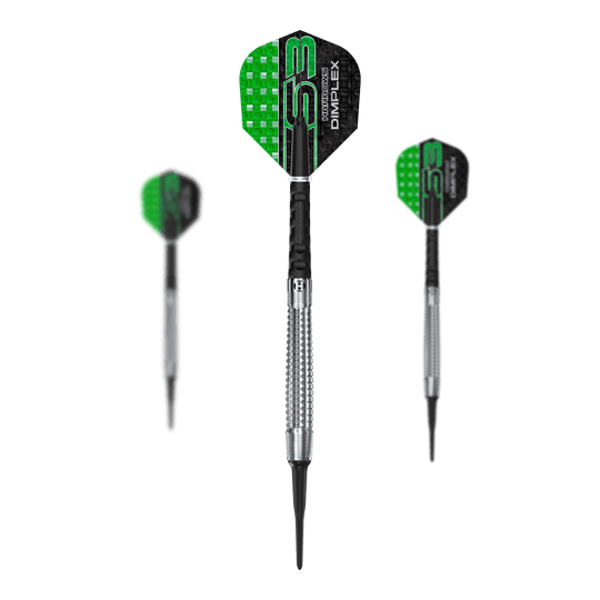 Fléchettes souples coniques Harrows Dimplex S3 Das Set Harrows Dimplex S3 Tapered Softdarts wird gezeigt. Die Darts haben ein spezielles Griffdesign.