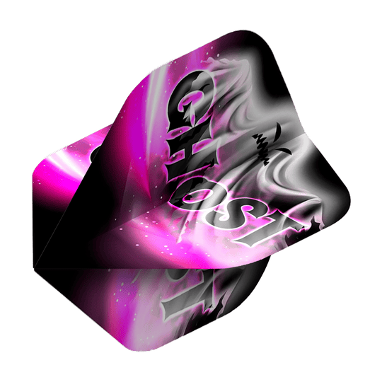 Mission Solo Bailey Marsh No2 Vols Standard Das Bild zeigt ein Dartflight mit dem Aufdruck "GHOST" in großen Buchstaben. Die Farben sind hauptsächlich Schwarz, Weiß und Pink mit einem nebligen, geisterhaften Muster.