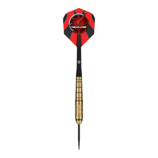 Fléchettes en acier Shot Redline Mach 1 Das Bild zeigt einen Steeldartpfeil mit goldfarbenem Griff und schwarzer Spitze. Die Dartflügel sind rot-schwarz gestaltet und tragen das "Redline"-Logo.