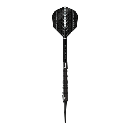 Fléchettes souples Harrows Supergrip Black Edition Das Bild zeigt einen Harrows Supergrip Black-Edition Softdart. Der Dart ist komplett in Schwarz gehalten und hat ein modernes, elegantes Design.