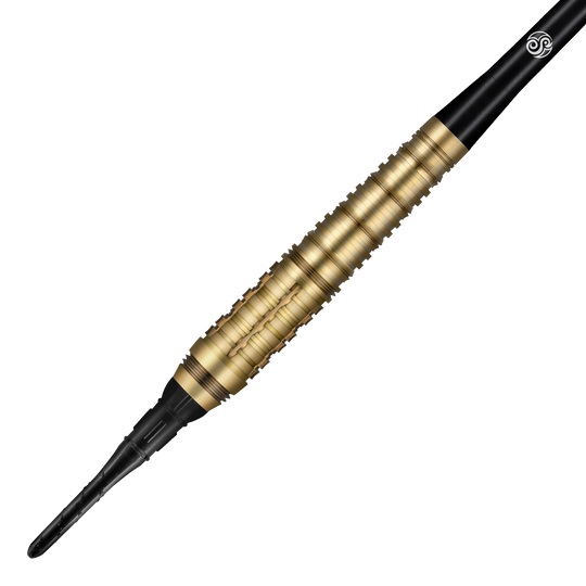 Fléchettes souples Shot Redline Mach 1 - 20 g Auf dem Bild ist ein Shot Redline Mach 1 Softdart mit einem Gewicht von 20g zu sehen. Der Dartpfeil hat einen goldfarbenen, geriffelten Griff und eine schwarze Spitze.