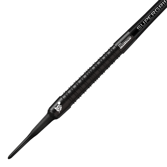 Fléchettes souples Harrows Supergrip Black Edition Das Bild zeigt einen Harrows Supergrip Black-Edition Softdart. Der Dart ist komplett schwarz und hat eine strukturierte Griffoberfläche.