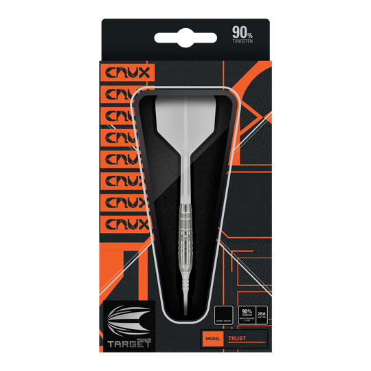 Fléchettes souples Target Japan Crux Trust - 17 g Die Abbildung zeigt die Verpackung der "Target Japan Crux Trust Softdarts - 17g". Der Dart ist sichtbar durch ein Sichtfenster in der Packung und enthält Angaben wie 90 % Tungsten.