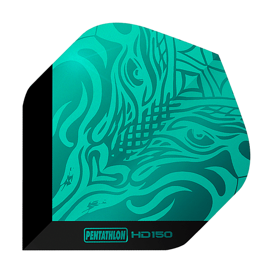 Vols standard Pentathlon HD150 Metallic Aqua Dies ist ein Pentathlon HD150 Metallic Aqua Standard Flight. Das Flight hat ein auffälliges, türkisfarbenes Muster mit schwarzem Rand und Schriftzug.