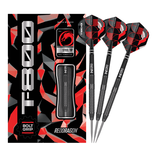Fléchettes en acier Red Dragon T-800 Das Bild zeigt die Red Dragon T-800 Steeldarts und ihre Verpackung. Die Darts haben ein schwarzes Design mit roten und silbernen Akzenten.