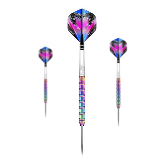 Dragon Rouge Peter Wright Snakebite 1 Fléchettes Arc-en-ciel Das Bild zeigt drei Steeldarts des Produkts "Red Dragon Peter Wright Snakebite 1 Rainbow". Die Darts haben einen bunten, regenbogenfarbenen Schaft und Flights mit Schlangenkopf-Design.