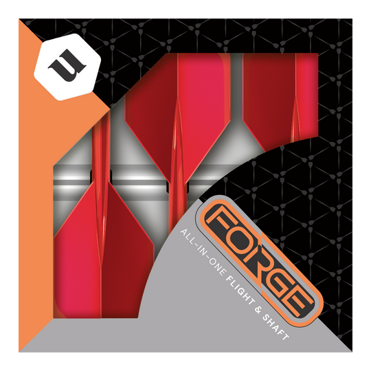 Ailettes standard Unicorn Forge All In One Plus No2 Rouge - Moyennes Das Bild zeigt eine Packung mit roten Unicorn Forge All In One Plus No2 Standard Flights in mittlerer Größe. Die Verpackung ist schwarz und orange mit dem Schriftzug "FORGE" und "ALL-IN-ONE FLIGHT & SHAFT".