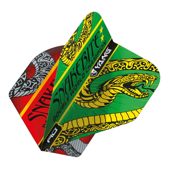 Dragon Rouge Peter Wright Morsure de Serpent Rouge Vert Yin Yang Vols Standards Das Bild zeigt die Dart-Flights "Red Dragon Peter Wright Snakebite Red Green Yin Yang Standard Flights." Die Flights sind farbenfroh gestaltet und zeigen einen auffälligen Schlangen-Grafik sowie den Schriftzug "Snakebite."