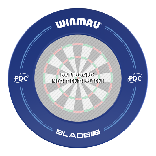 Cadre de fléchettes Winmau PDC - Bleu Das Bild zeigt einen blauen Winmau PDC Dartboard Surround. In der Mitte steht der Hinweis "Dartboard nicht enthalten!".