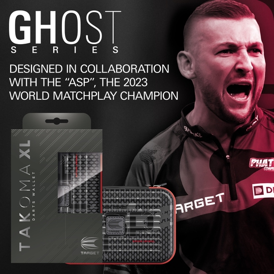 Étui à fléchettes Takoma XL Ghost Series Nathan Aspinall Takoma XL Ghost Series Nathan Aspinall Dartcase, fotografiert auf weißem Hintergrund. Das Produkt ist Teil der Ghost Series und richtet sich an Dartspieler.