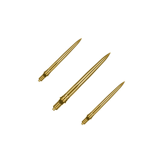 Pointes de fléchettes Caliburn EZ-EVO - Lisses - Or Dieses Bild zeigt ein Set goldener Dartspitzen mit glatter Oberfläche, vermutlich 28mm lang. Die Spitzen sind von der Marke Caliburn EZ-EVO.