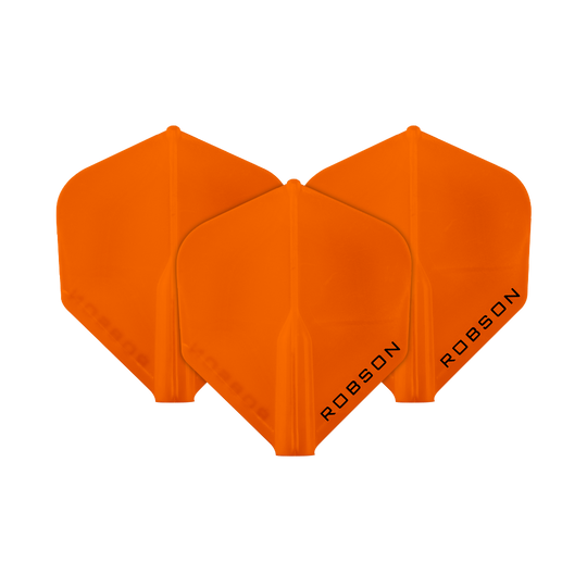 Vols Robson Plus - Standard Das Bild zeigt drei orangefarbene Dartflights. Auf jedem Flight steht das Wort "ROBSON" geschrieben.
