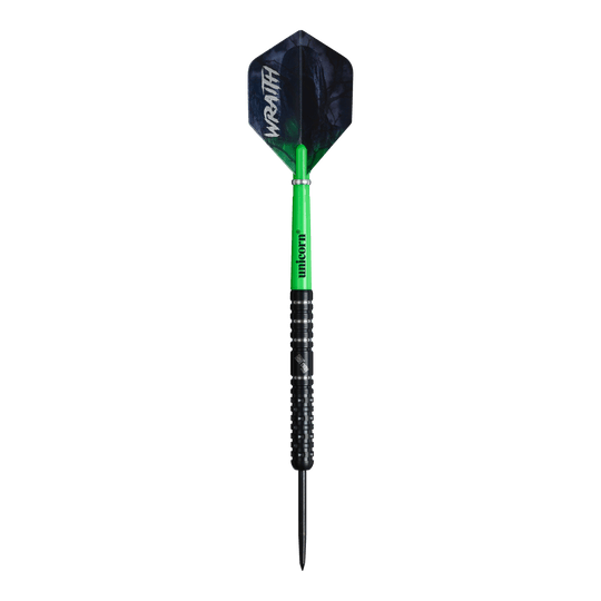 Unicorn Wraith Callan Rydz Steeldarts - 23g werden gezeigt. Das Bild stellt das Design und die Details dieses Darts dar.