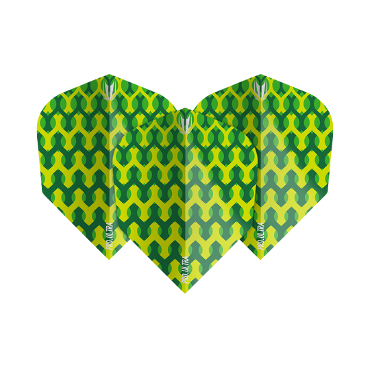 TG69_335230_Target_ProUltra_Fabric_Green_Ten-X_Flights_1M9Y7Qf9D4ugRz Das Bild zeigt die Target ProUltra Fabric Green Ten-X Flights mit einem leuchtend grünen, geometrischen Muster. Die Flights haben ein auffälliges Design mit gelben und grünen Farbtönen.