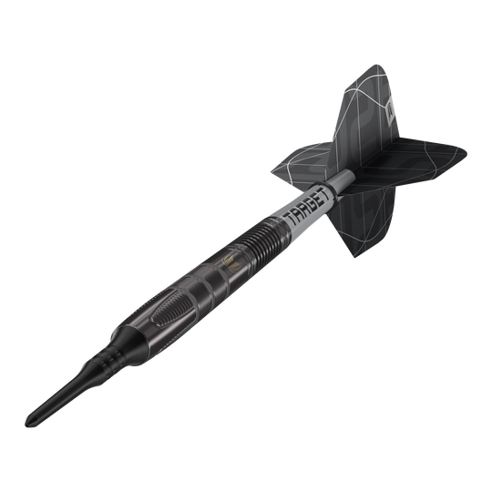 Fléchettes souples Target Nathan Aspinall X Echo - 18 g Das Bild zeigt den Softdart „Target Nathan Aspinall X Echo“ mit einem Gewicht von 18 Gramm. Der Dartpfeil ist schwarz und hat ein modernes, geriffeltes Design mit der Aufschrift "TARGET" auf dem Schaft.